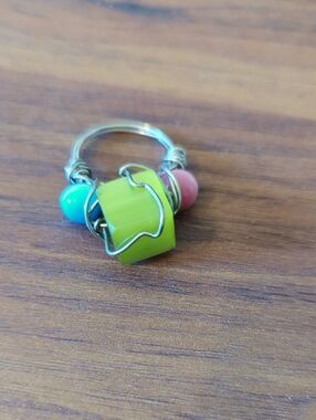 Green Wire-Wrapped Bead Ring with Aqua and Pink Accents